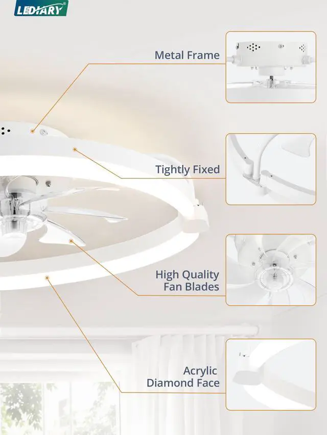 Alt view image 7 of 7 - Ceiling Fans with Lights and Remote, 20'' Low Profile Ceiling Fan with Light, 3000-6000K Dimmable Fandelier LED Fan Light, 6 Wind Speeds, White Modern Flush Mount Ceiling Fan for Bedroom