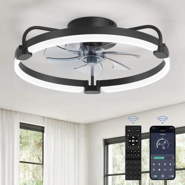 Main image of Ceiling Fans with Lights and Remote, 20'' Low Profile Ceiling Fan with Light, 3000-6000K Dimmable Fandelier LED Fan Light, 6 Wind Speeds, Black Modern Flush Mount Ceiling Fan for Bedroom
