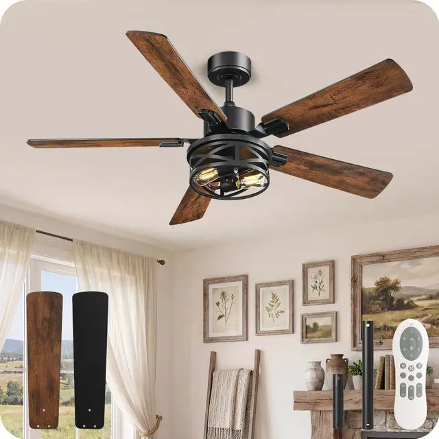 Main image of 42 Inch Farmhouse Ceiling Fan with Lights and Remote, Timer, Dual Finish 5 Blades (Walnut and Black), 6 Speeds, Reversible DC Motor, Rustic & Industrial Caged Ceiling Fan for Bedroom FB01CF4205