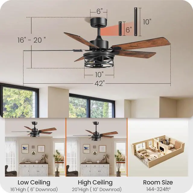 Alt view image 2 of 7 - 42 Inch Farmhouse Ceiling Fan with Lights and Remote, Timer, Dual Finish 5 Blades (Walnut and Black), 6 Speeds, Reversible DC Motor, Rustic & Industrial Caged Ceiling Fan for Bedroom FB01CF4205