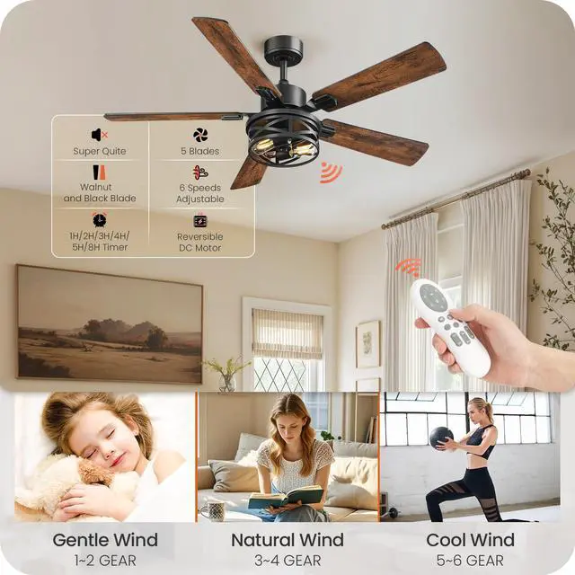 Alt view image 3 of 7 - 42 Inch Farmhouse Ceiling Fan with Lights and Remote, Timer, Dual Finish 5 Blades (Walnut and Black), 6 Speeds, Reversible DC Motor, Rustic & Industrial Caged Ceiling Fan for Bedroom FB01CF4205