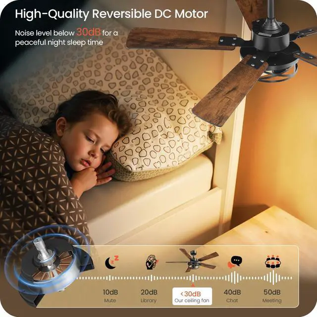 Alt view image 4 of 7 - 42 Inch Farmhouse Ceiling Fan with Lights and Remote, Timer, Dual Finish 5 Blades (Walnut and Black), 6 Speeds, Reversible DC Motor, Rustic & Industrial Caged Ceiling Fan for Bedroom FB01CF4205