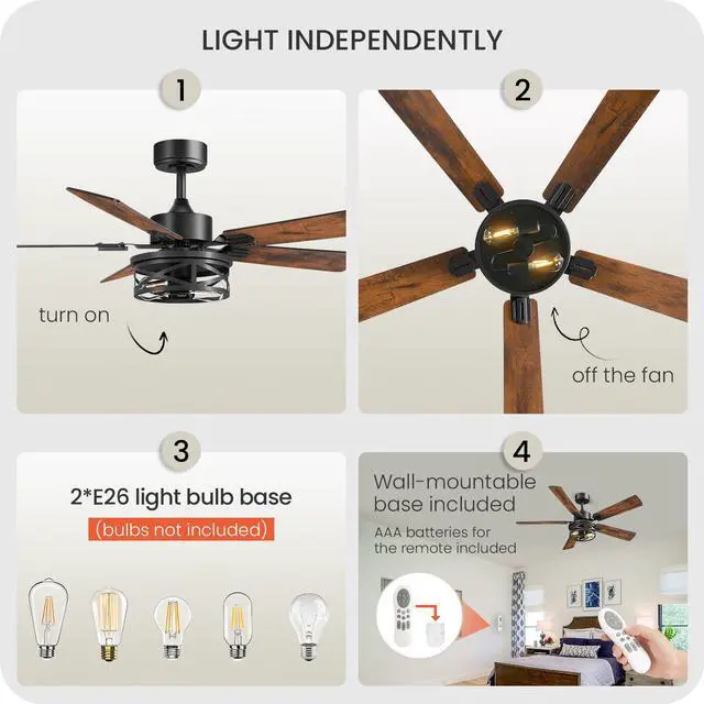 Alt view image 5 of 7 - 42 Inch Farmhouse Ceiling Fan with Lights and Remote, Timer, Dual Finish 5 Blades (Walnut and Black), 6 Speeds, Reversible DC Motor, Rustic & Industrial Caged Ceiling Fan for Bedroom FB01CF4205