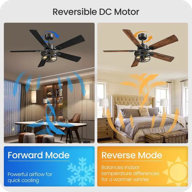Alt view image 6 of 7 - 42 Inch Farmhouse Ceiling Fan with Lights and Remote, Timer, Dual Finish 5 Blades (Walnut and Black), 6 Speeds, Reversible DC Motor, Rustic & Industrial Caged Ceiling Fan for Bedroom FB01CF4205