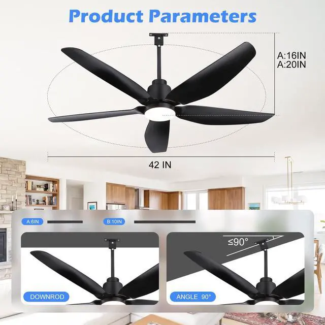 Alt view image 7 of 7 - Outdoor Ceiling Fan with Light, 42" Gazebo Ceiling Fan, Patio Ceiling Fan, Ultra-Quiet DC Motor Black Plug-in Ceiling Fan with Light for PavilionPoolside Porch Pergol