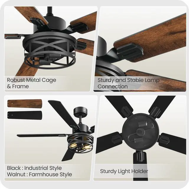Alt view image 7 of 7 - 42 Inch Farmhouse Ceiling Fan with Lights and Remote, Timer, Dual Finish 5 Blades (Walnut and Black), 6 Speeds, Reversible DC Motor, Rustic & Industrial Caged Ceiling Fan for Bedroom FB01CF4205