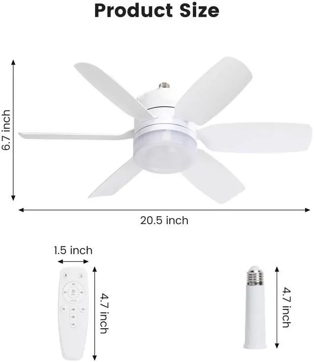 Alt view image 2 of 7 - 20.5'' Socket Ceiling Fan Light, 5 Fan Speeds with 3 Colors Adjustable Light, 8 Hours Timer (White)