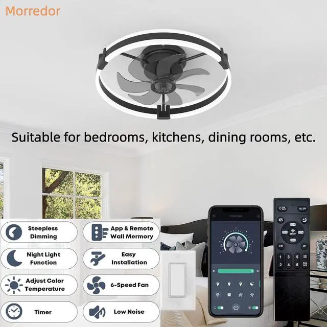 Alt view image 3 of 7 - Ceiling Fans with Lights and Remote, 20'' Low Profile Ceiling Fan with Light, 3000-6000K Dimmable Fandelier LED Fan Light, 6 Wind Speeds, Black Modern Flush Mount Ceiling Fan for Bedroom