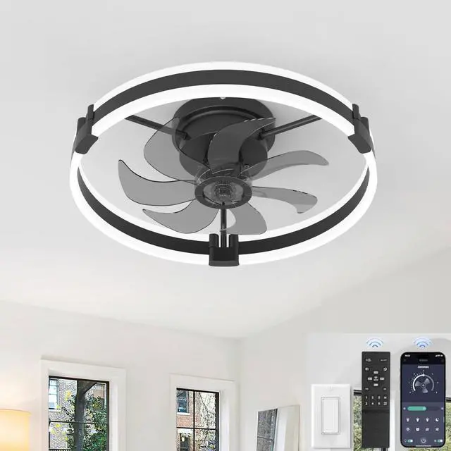 Main image of Ceiling Fans with Lights and Remote, 20'' Low Profile Ceiling Fan with Light, 3000-6000K Dimmable Fandelier LED Fan Light, 6 Wind Speeds, Black Modern Flush Mount Ceiling Fan for Bedroom