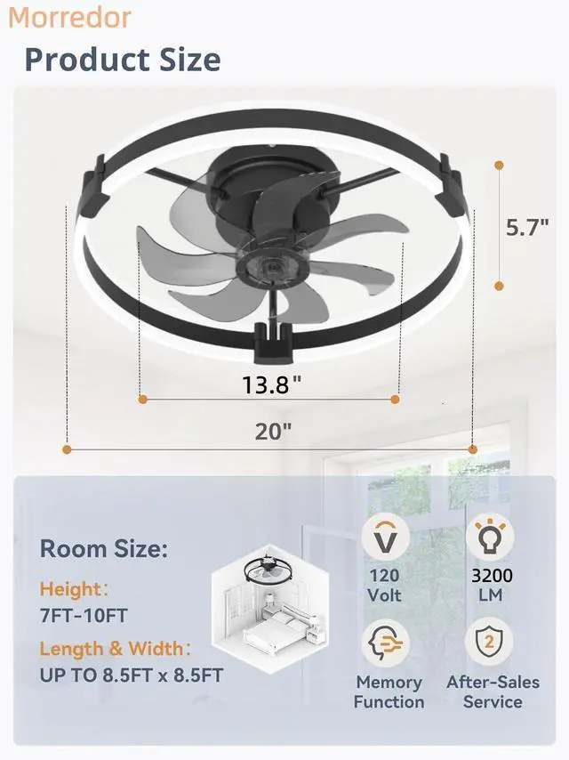 Alt view image 2 of 7 - Ceiling Fans with Lights and Remote, 20'' Low Profile Ceiling Fan with Light, 3000-6000K Dimmable Fandelier LED Fan Light, 6 Wind Speeds, Black Modern Flush Mount Ceiling Fan for Bedroom