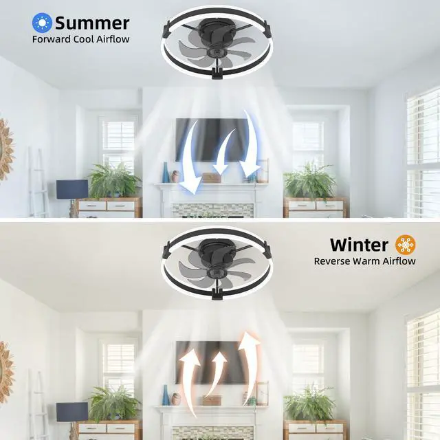 Alt view image 7 of 7 - Ceiling Fans with Lights and Remote, 20'' Low Profile Ceiling Fan with Light, 3000-6000K Dimmable Fandelier LED Fan Light, 6 Wind Speeds, Black Modern Flush Mount Ceiling Fan for Bedroom