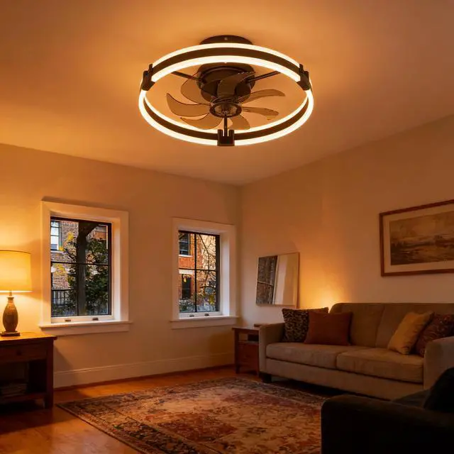 Alt view image 6 of 7 - Ceiling Fans with Lights and Remote, 20'' Low Profile Ceiling Fan with Light, 3000-6000K Dimmable Fandelier LED Fan Light, 6 Wind Speeds, Black Modern Flush Mount Ceiling Fan for Bedroom