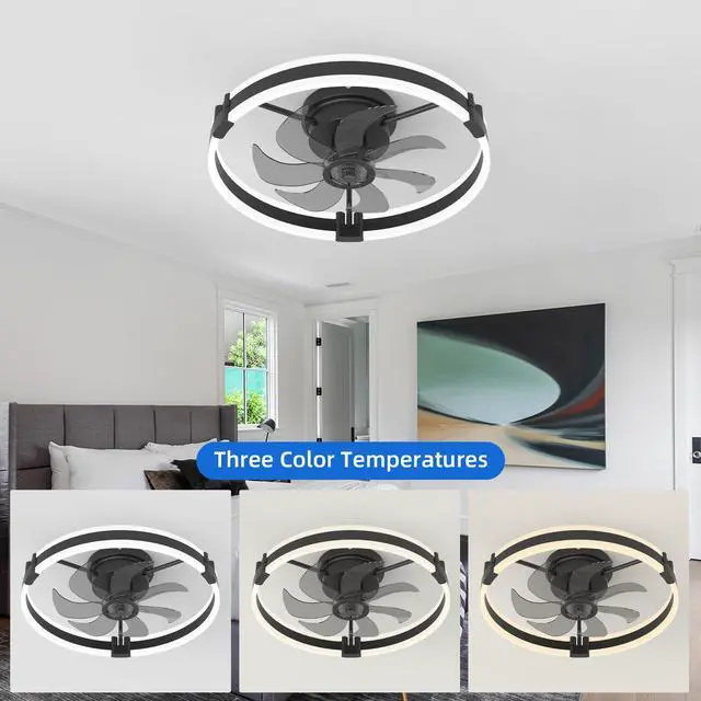 Alt view image 5 of 7 - Ceiling Fans with Lights and Remote, 20'' Low Profile Ceiling Fan with Light, 3000-6000K Dimmable Fandelier LED Fan Light, 6 Wind Speeds, Black Modern Flush Mount Ceiling Fan for Bedroom