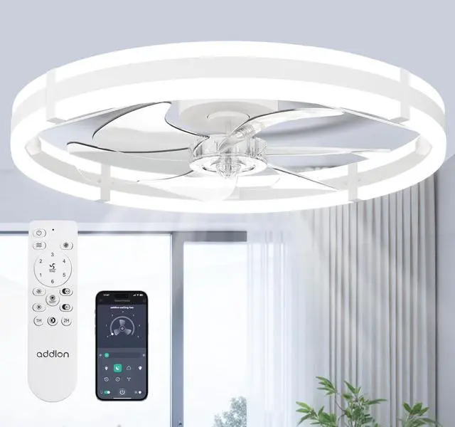 Main image of 24'' Ceiling Fans with Lights and Remote, Low Profile Flush Mount Ceiling Fan with Light, 3000-6000K Dimmable LED Fandelier, Modern Small White Ceiling Fan for Bedroom, Kitchen, Living Room