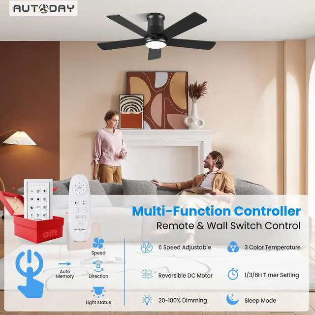 Alt view image 2 of 7 - 42 Inch Low Profile Ceiling Fan with Light, Black Ceiling Fans with Lights and Remote, Flush Mount, 6 Speeds Reversible Quiet DC, 3CCT Dimmable, Indoor Outdoor Ceiling Fans for Patios Bedroom