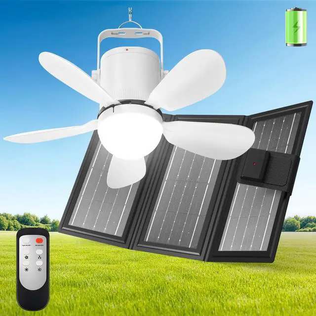 Main image of Solar Ceiling Fan Light, Battery Operated Camping Fan with Remote Contorl & 20W Portable Foldable Solar Panel, Rechargeable Gazebo Fan Light for Tent Canopy Pergola Travel