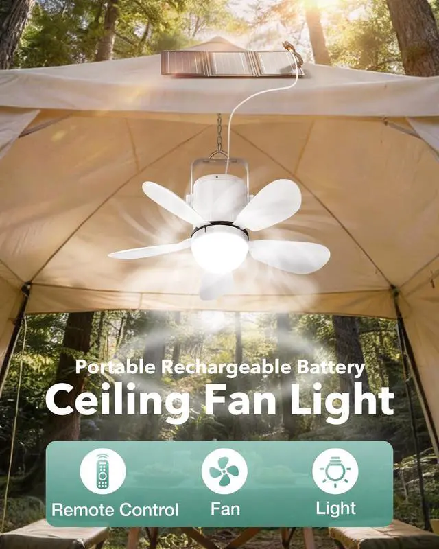 Alt view image 2 of 7 - Solar Ceiling Fan Light, Battery Operated Camping Fan with Remote Contorl & 20W Portable Foldable Solar Panel, Rechargeable Gazebo Fan Light for Tent Canopy Pergola Travel