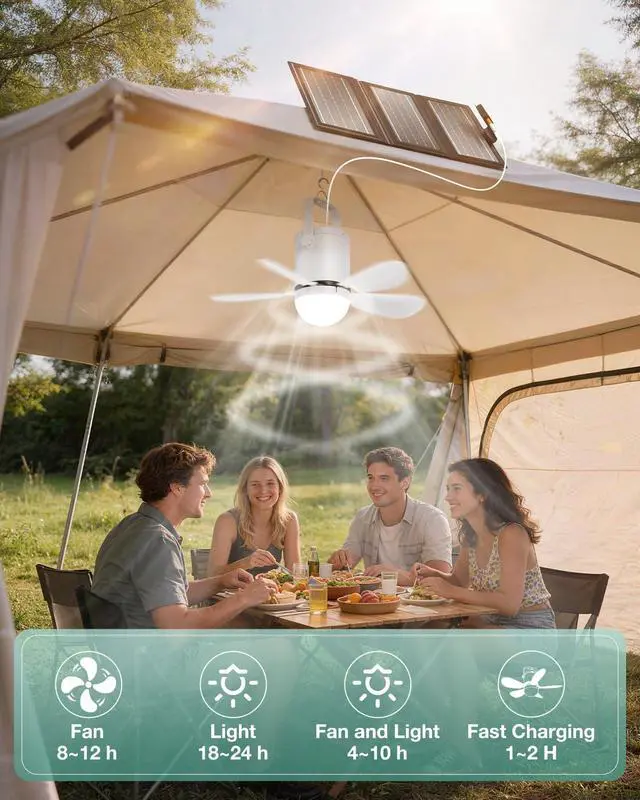 Alt view image 4 of 7 - Solar Ceiling Fan Light, Battery Operated Camping Fan with Remote Contorl & 20W Portable Foldable Solar Panel, Rechargeable Gazebo Fan Light for Tent Canopy Pergola Travel