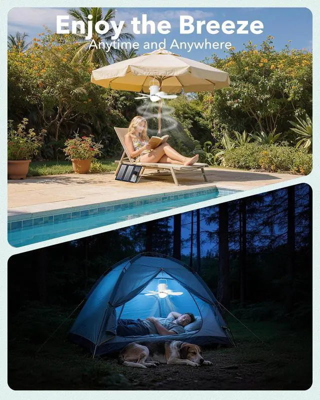 Alt view image 5 of 7 - Solar Ceiling Fan Light, Battery Operated Camping Fan with Remote Contorl & 20W Portable Foldable Solar Panel, Rechargeable Gazebo Fan Light for Tent Canopy Pergola Travel