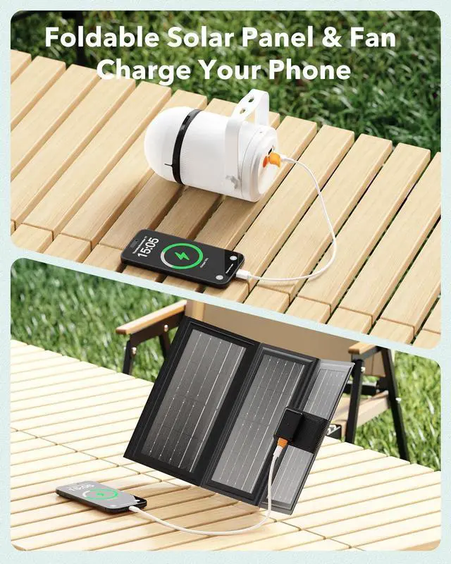 Alt view image 6 of 7 - Solar Ceiling Fan Light, Battery Operated Camping Fan with Remote Contorl & 20W Portable Foldable Solar Panel, Rechargeable Gazebo Fan Light for Tent Canopy Pergola Travel