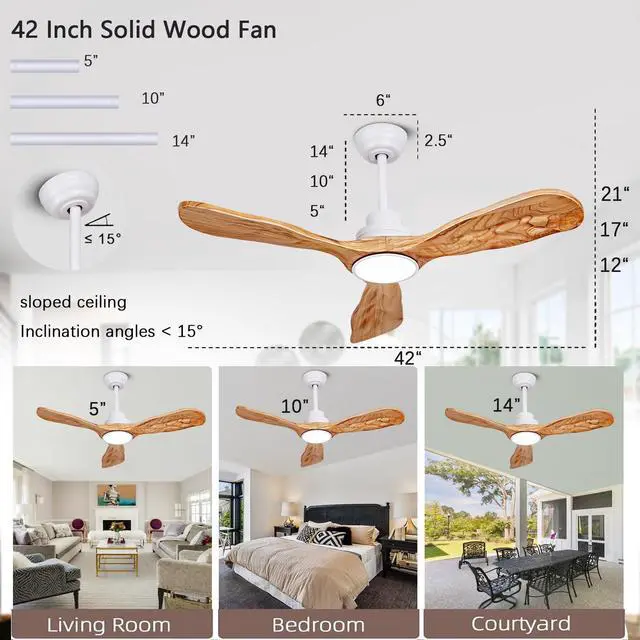Alt view image 2 of 7 - Ceiling Fans with Lights and Remote,42 Inch Unique Wood Ceiling Fan with Noiseless Reversible DC Motor,3 Blades,3 Downrods, for Farmhouse,Patio Living Room,Bedroom,Office,Indoor Outdoor(White+Wood)