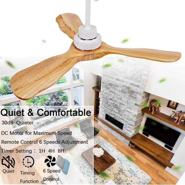 Alt view image 6 of 7 - Ceiling Fans with Lights and Remote,42 Inch Unique Wood Ceiling Fan with Noiseless Reversible DC Motor,3 Blades,3 Downrods, for Farmhouse,Patio Living Room,Bedroom,Office,Indoor Outdoor(White+Wood)