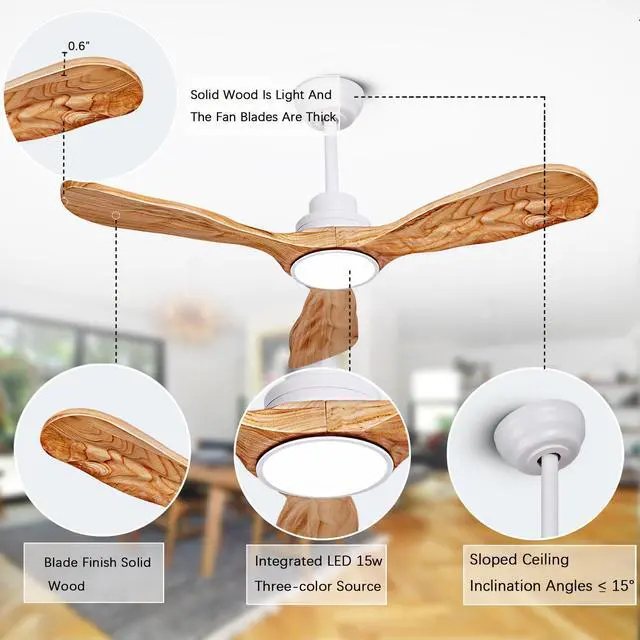 Alt view image 4 of 7 - Ceiling Fans with Lights and Remote,42 Inch Unique Wood Ceiling Fan with Noiseless Reversible DC Motor,3 Blades,3 Downrods, for Farmhouse,Patio Living Room,Bedroom,Office,Indoor Outdoor(White+Wood)