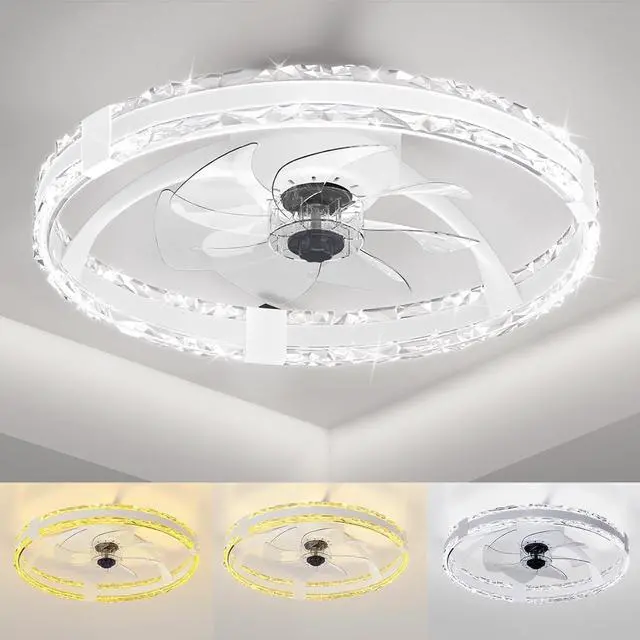 Main image of Ceiling Fans with Lights and Remote, 20'' Low Profile Flush Mount Ceiling Fan with 6 Speeds & 3 Color Temperature, 3000-6500K Dimmable Led Fandelier for Bedroom Livingroom, White