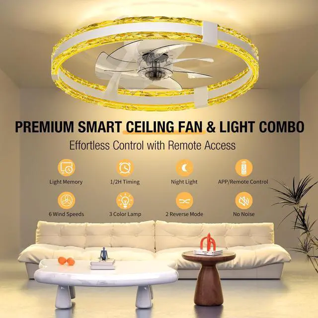 Alt view image 2 of 7 - Ceiling Fans with Lights and Remote, 20'' Low Profile Flush Mount Ceiling Fan with 6 Speeds & 3 Color Temperature, 3000-6500K Dimmable Led Fandelier for Bedroom Livingroom, White