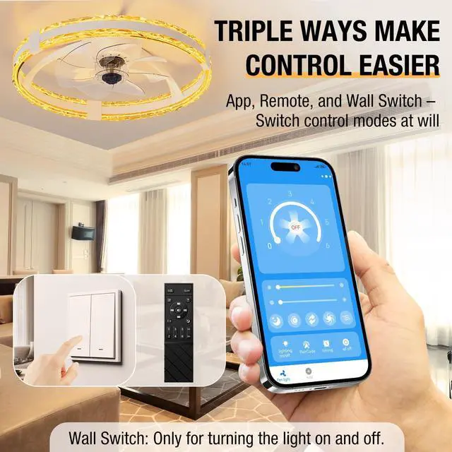 Alt view image 5 of 7 - Ceiling Fans with Lights and Remote, 20'' Low Profile Flush Mount Ceiling Fan with 6 Speeds & 3 Color Temperature, 3000-6500K Dimmable Led Fandelier for Bedroom Livingroom, White