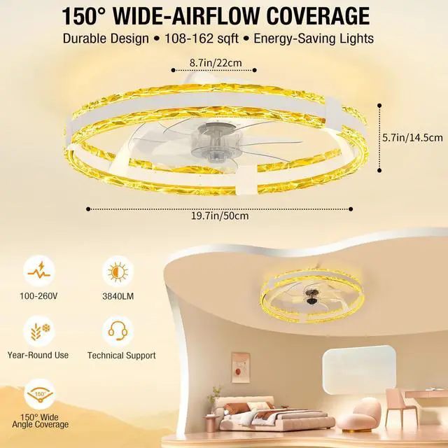 Alt view image 7 of 7 - Ceiling Fans with Lights and Remote, 20'' Low Profile Flush Mount Ceiling Fan with 6 Speeds & 3 Color Temperature, 3000-6500K Dimmable Led Fandelier for Bedroom Livingroom, White