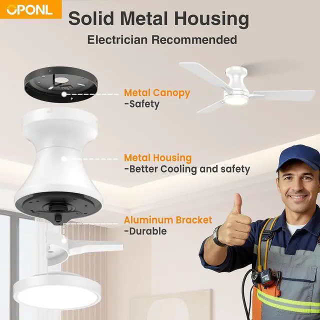 Alt view image 2 of 7 - 42 Inch White Ceiling Fan with Light, Remote Control, Noiseless, Reversible, 6CCT, Dimmable, Timeable, Metal Housing, Flush Mount Ceiling Fans with Lights for Bedroom, Indoor/Outdoor Use