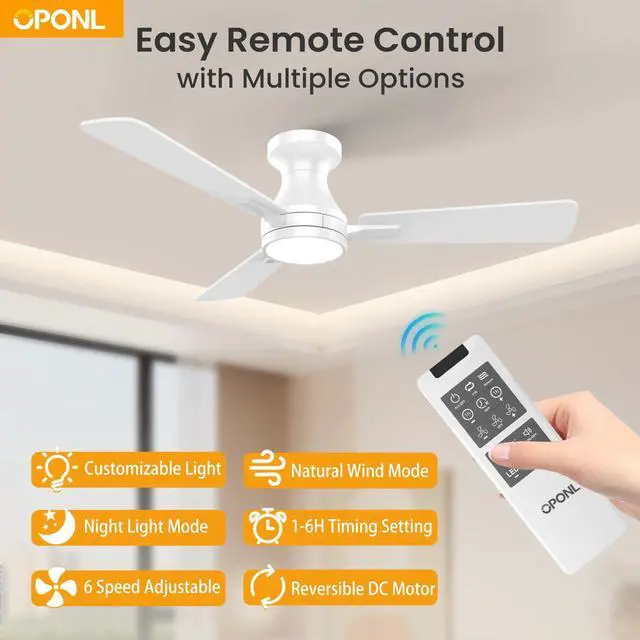 Alt view image 3 of 7 - 42 Inch White Ceiling Fan with Light, Remote Control, Noiseless, Reversible, 6CCT, Dimmable, Timeable, Metal Housing, Flush Mount Ceiling Fans with Lights for Bedroom, Indoor/Outdoor Use