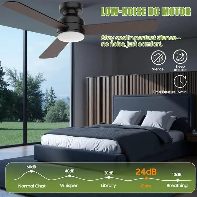 Alt view image 4 of 7 - Ceiling Fans with Lights, 42" Modern Low Profile Ceiling Fan with Light and Remote Control, 3CCT, 6 Speeds Reversible DC Motor, Noiseless, Black LED Ceiling Fan for Bedroom, Living, Indoor/Outdoor Use