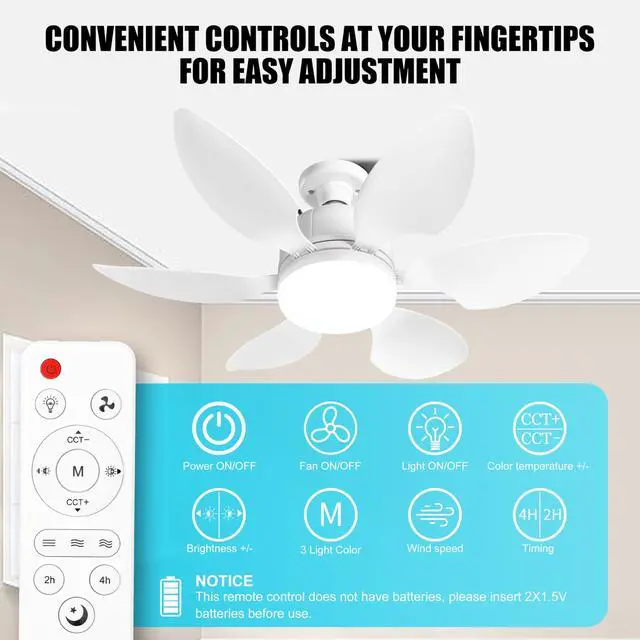 Alt view image 3 of 7 - Socket Fan Light with Remote , Portable Small Ceiling Fan with Light, Suitable for Bedroom, Kitchen, Living Room, Reading Room, Ceiling Fan with Light 3500K-6500K, 2/4H Timing, Screw-in E27, White