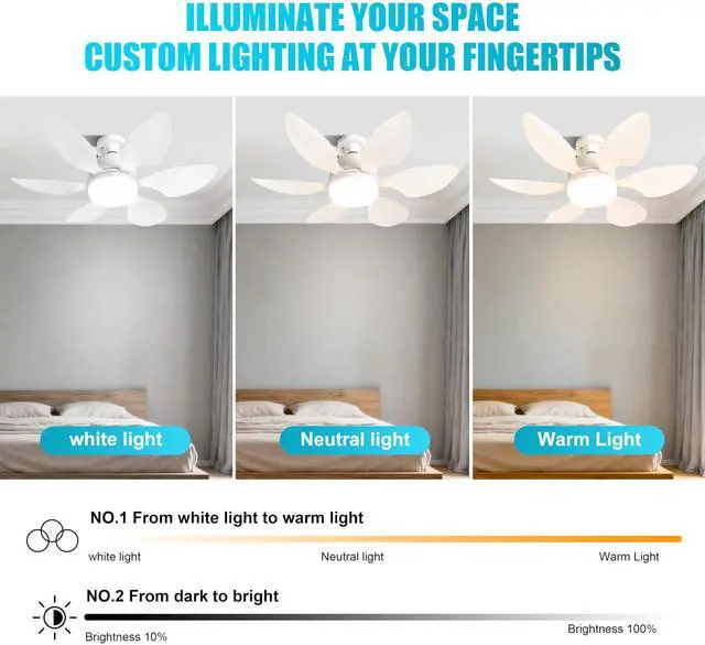 Alt view image 4 of 7 - Socket Fan Light with Remote , Portable Small Ceiling Fan with Light, Suitable for Bedroom, Kitchen, Living Room, Reading Room, Ceiling Fan with Light 3500K-6500K, 2/4H Timing, Screw-in E27, White