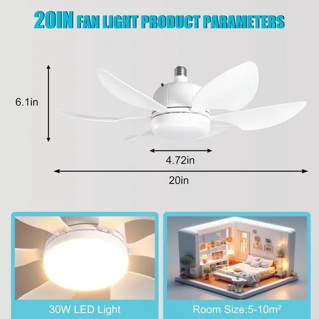Alt view image 7 of 7 - Socket Fan Light with Remote , Portable Small Ceiling Fan with Light, Suitable for Bedroom, Kitchen, Living Room, Reading Room, Ceiling Fan with Light 3500K-6500K, 2/4H Timing, Screw-in E27, White