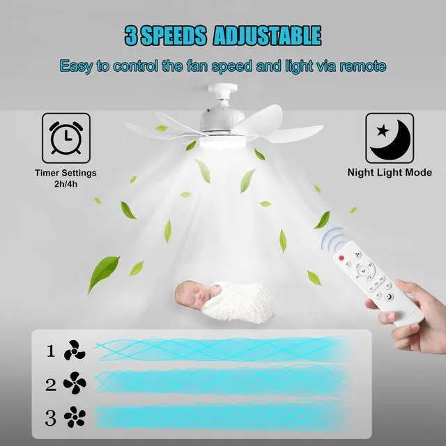 Alt view image 5 of 7 - Socket Fan Light with Remote , Portable Small Ceiling Fan with Light, Suitable for Bedroom, Kitchen, Living Room, Reading Room, Ceiling Fan with Light 3500K-6500K, 2/4H Timing, Screw-in E27, White