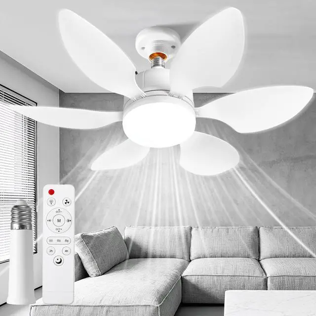 Main image of Socket Fan Light with Remote , Portable Small Ceiling Fan with Light, Suitable for Bedroom, Kitchen, Living Room, Reading Room, Ceiling Fan with Light 3500K-6500K, 2/4H Timing, Screw-in E27, White