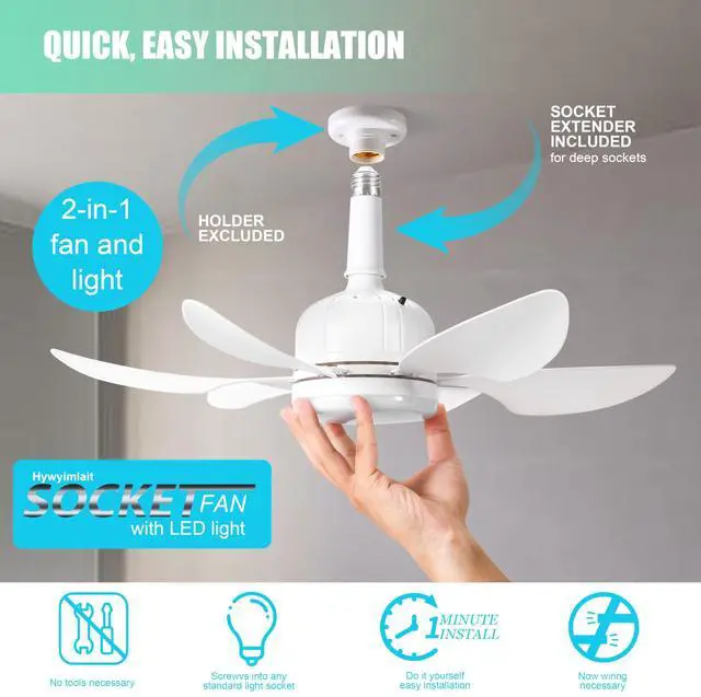 Alt view image 2 of 7 - Socket Fan Light with Remote , Portable Small Ceiling Fan with Light, Suitable for Bedroom, Kitchen, Living Room, Reading Room, Ceiling Fan with Light 3500K-6500K, 2/4H Timing, Screw-in E27, White