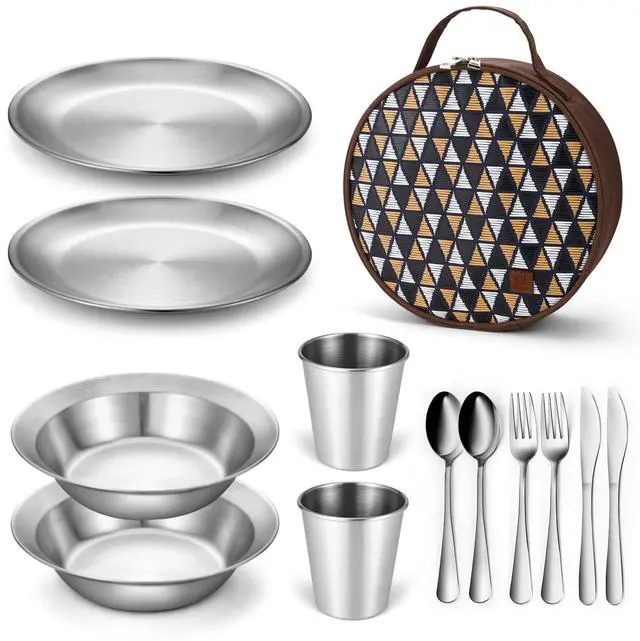 Main image of Stainless Steel Camping Mess Kit for Family & 2 Person, Cooking Tableware Utensils with Plates Bowls Forks Spoons Knives & Savings Bag for Camping, Backpacking, Hiking, Picnic, 2 Person Set