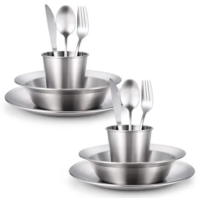Alt view image 2 of 7 - Stainless Steel Camping Mess Kit for Family & 2 Person, Cooking Tableware Utensils with Plates Bowls Forks Spoons Knives & Savings Bag for Camping, Backpacking, Hiking, Picnic, 2 Person Set