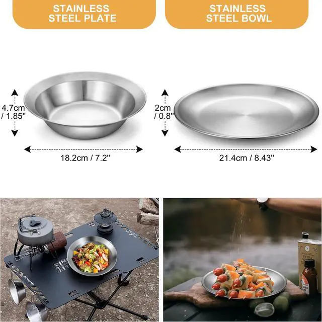 Alt view image 5 of 7 - Stainless Steel Camping Mess Kit for Family & 2 Person, Cooking Tableware Utensils with Plates Bowls Forks Spoons Knives & Savings Bag for Camping, Backpacking, Hiking, Picnic, 2 Person Set