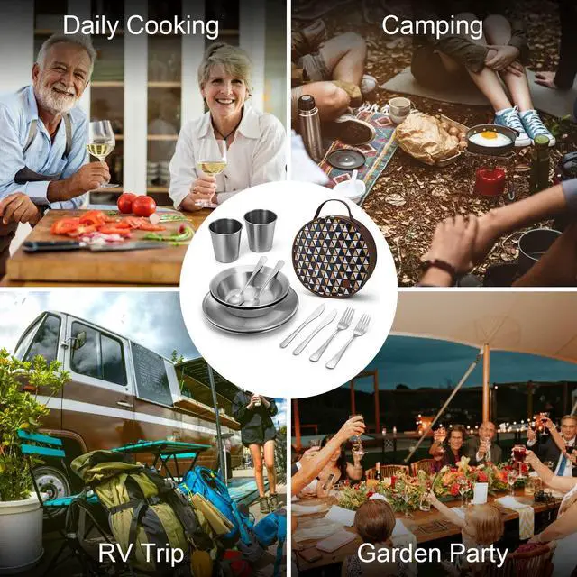 Alt view image 7 of 7 - Stainless Steel Camping Mess Kit for Family & 2 Person, Cooking Tableware Utensils with Plates Bowls Forks Spoons Knives & Savings Bag for Camping, Backpacking, Hiking, Picnic, 2 Person Set