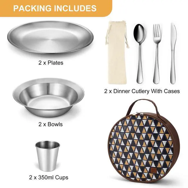 Alt view image 3 of 7 - Stainless Steel Camping Mess Kit for Family & 2 Person, Cooking Tableware Utensils with Plates Bowls Forks Spoons Knives & Savings Bag for Camping, Backpacking, Hiking, Picnic, 2 Person Set
