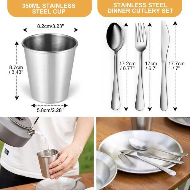 Alt view image 4 of 7 - Stainless Steel Camping Mess Kit for Family & 2 Person, Cooking Tableware Utensils with Plates Bowls Forks Spoons Knives & Savings Bag for Camping, Backpacking, Hiking, Picnic, 2 Person Set