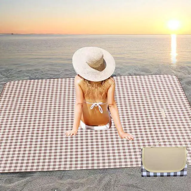 Alt view image 7 of 7 - Large 80"x 60" Beach Blanket, Outdoor Picnic Blankets, Waterproof Sandproof Portable Blankets, Foldable and Lightweight for Spring Summer Camping, Beach, Park (Brown)