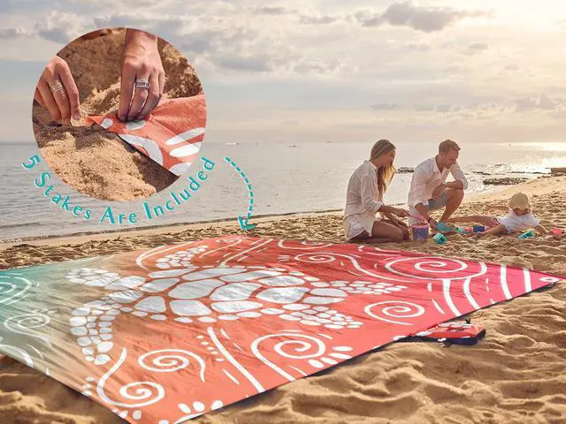 Alt view image 4 of 4 - Beach Blanket Waterproof Sandproof Oversized Extra Large Sand Free Beach Mat with Stakes, Storage Bag - Essentials for Outdoor Beach, Picnic (Sea Turtle, 8 X 7 FT (1~4 Person))