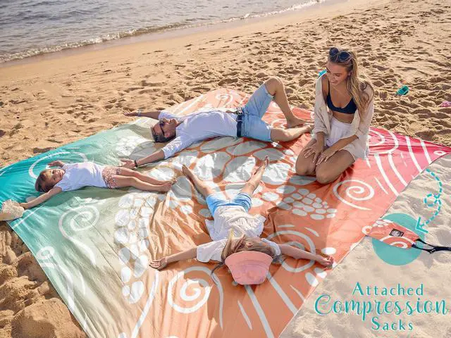 Alt view image 2 of 4 - Beach Blanket Waterproof Sandproof Oversized Extra Large Sand Free Beach Mat with Stakes, Storage Bag - Essentials for Outdoor Beach, Picnic (Sea Turtle, 8 X 7 FT (1~4 Person))