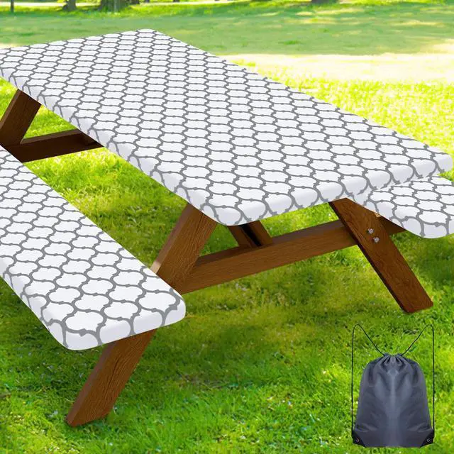 Main image of Picnic Table Cover with Bench Covers, Waterproof Elastic Fitted Tablecloth for 6 Foot Tables, Washable Polyester Tablecloths for Camping, Indoor & Outdoor (White, 30x72 Inch 3-pc Set)